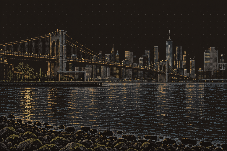 Pixel art of Brooklyn Bridge and the Manhattan skyline seen from the rocky DUMBO waterfront.