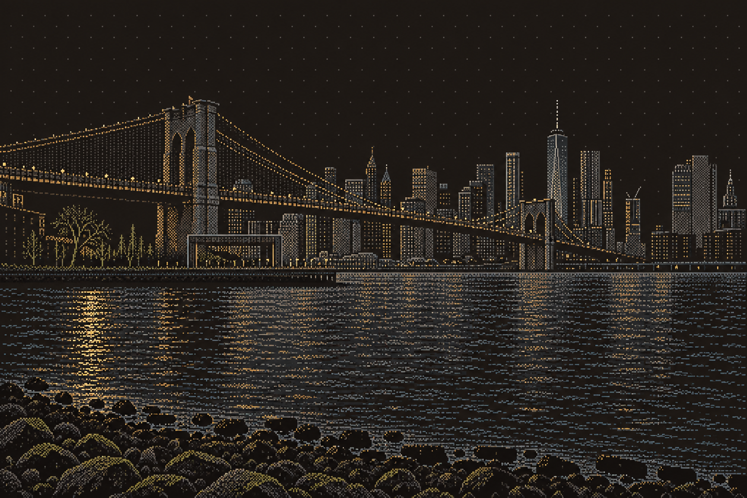 Pixel art of Brooklyn Bridge and the Manhattan skyline seen from the rocky DUMBO waterfront.